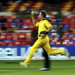 Australian fast bowler Brett Lee bowls d