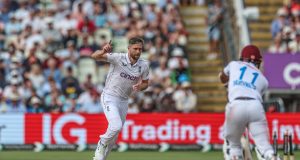 Chris Woakes of England celebrates the wicket of Kraigg Brathwaite of West Indies during Day Two of the Rothesay Test match England vs West Indies at Edgbaston, Birmingham, United Kingdom, 27th July 2024 — Photo by operations@newsimages.co.uk