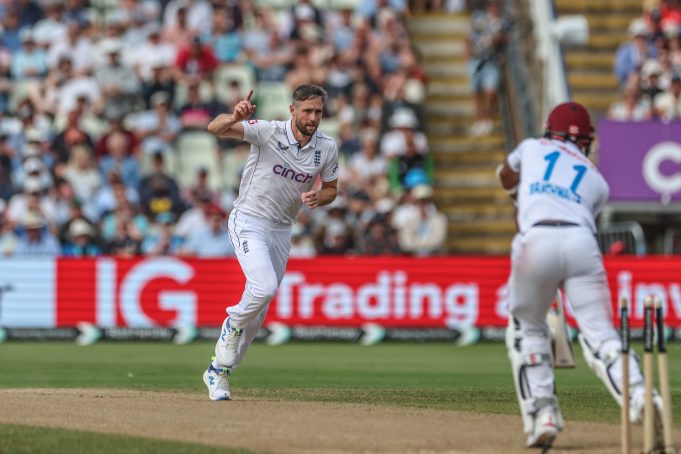 Chris Woakes of England celebrates the wicket of Kraigg Brathwaite of West Indies during Day Two of the Rothesay Test match England vs West Indies at Edgbaston, Birmingham, United Kingdom, 27th July 2024 — Photo by operations@newsimages.co.uk Chris Woakes of England celebrates the wicket of Kraigg Brathwaite of West Indies during Day Two of the Rothesay Test match England vs West Indies at Edgbaston, Birmingham, United Kingdom, 27th July 2024 — Photo by operations@newsimages.co.uk