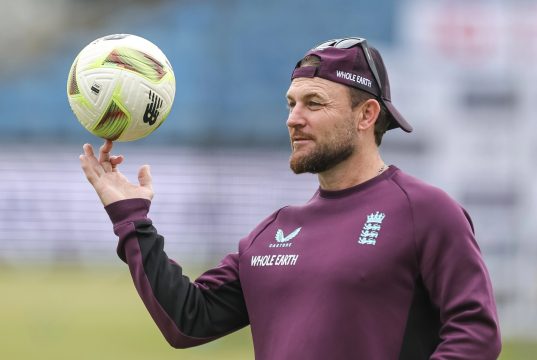 Brendon McCullum head coach of England spinning a football on his finger in the pre-game warm up session during the 1st Rothesay Test Match Day 5 England vs India at Headingley Cricket Ground, Leeds, United Kingdom, 24th June 2025 — Photo by operations@newsimages.co.uk